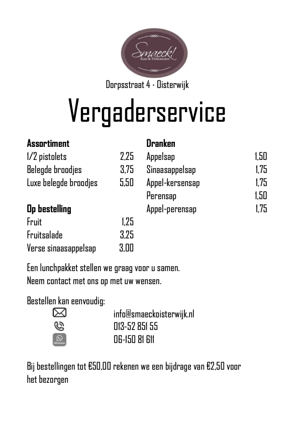 Smaeck Oisterwijk: Lunchkaart voor de Vergaderservice