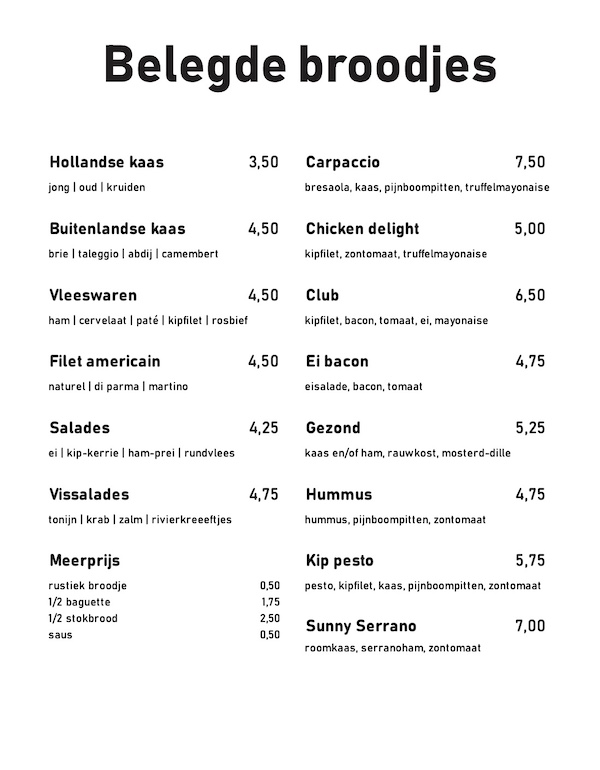 Lunchkaart voor Belegde broodjes Smaeck in Oisterwijk